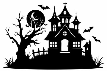 haunted halloween house line art silhouette vector illustration