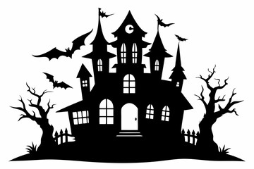 haunted halloween house line art silhouette vector illustration