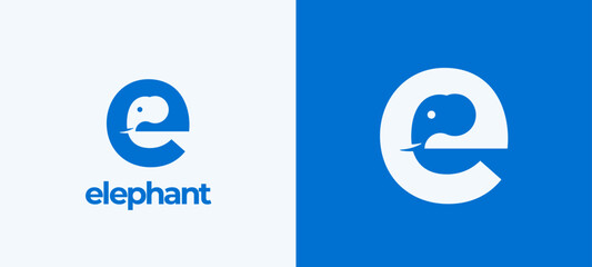 Elephant Abstract Vector Logo Template, Sign Icon. Elephant Head with Trunk Incorporated in the Letter E. Negative Space Creative Monogram Concept with Modern Typography. Isolated