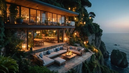 A two-story house on the cliff, with large glass windows and wooden furniture inside