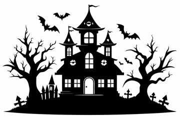 haunted halloween house line art silhouette vector illustration