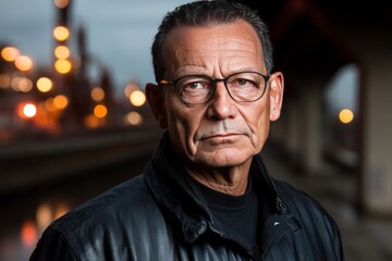 Obraz premium Serious portrait of a senior industrial leader in glasses, with refinery equipment in the background, emphasizing authority, experience, and leadership in petrochemical management