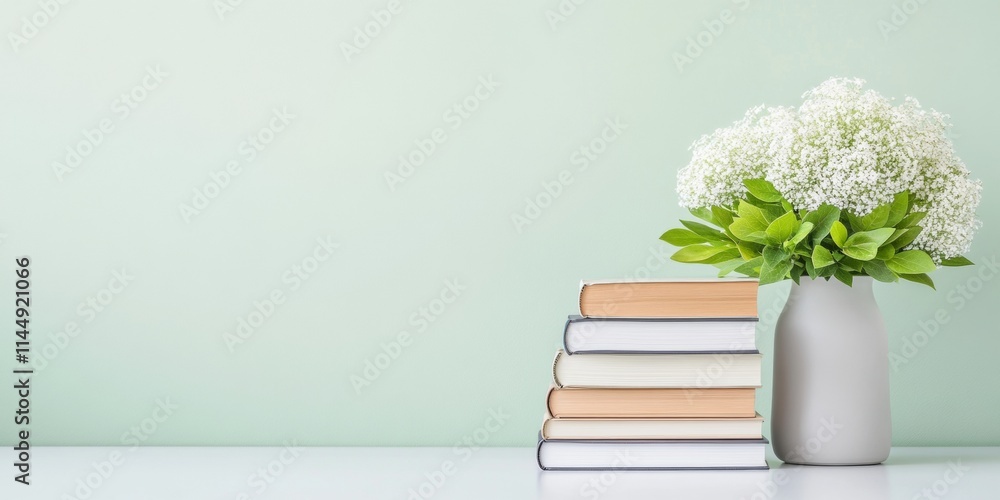 Poster serene study setup with books and flowers in minimalist space