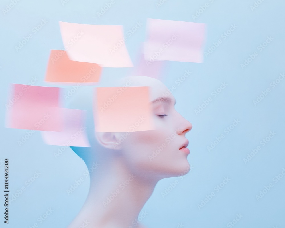 Poster serene introspection floating papers and pastel light