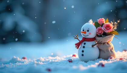 Obraz premium cute snowman holding christmas tree, free space for copy in center, hd phone wallpaper,