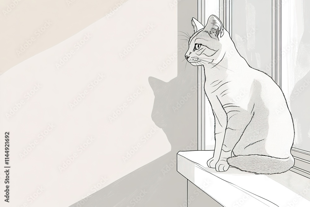 Aufkleber simple line art illustration of cat sitting on windowsill with clean shapes and soft shadows
