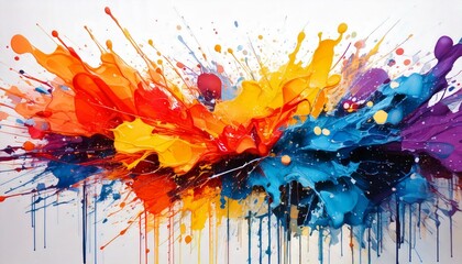 Watercolor ink splatters forming colorful, chaotic patterns on a white background isolated on white with copy space