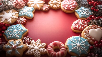 Fototapeta premium A variety of sugar cookies with festive icing arranged in a circular pattern on a bright red backdrop