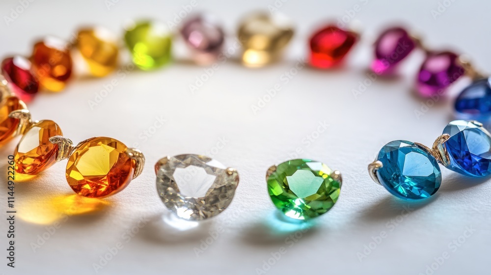 Poster colorful gems arranged in circular pattern on white background