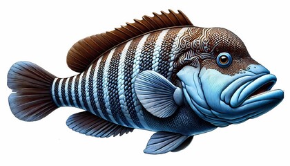 A detailed painting of a vibrant blue and brown striped fish showcasing intricate patterns.