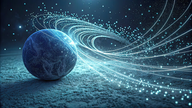 dark blue technosphere on black and blue background. Fascinating interplay of light and shape