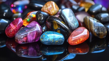Colorful Variety of Natural Gemstones and Crystals on Black Surface
