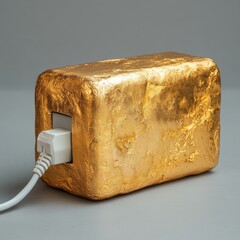 Power Bank made of gold bullion. Funny symbolic photo with gray background.