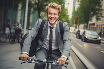 Young businessman commuting to work by bicycle in city traffic is smiling