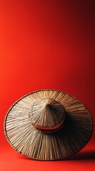 Traditional bamboo hat isolated on red background. Minimalist creative composition with copy space.