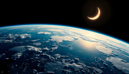A view of the earth from space with a crescent moon., pop art, with white tones