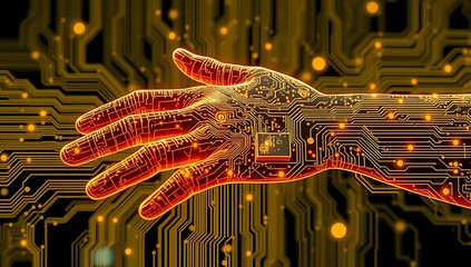 A glowing hand integrated with circuit board technology