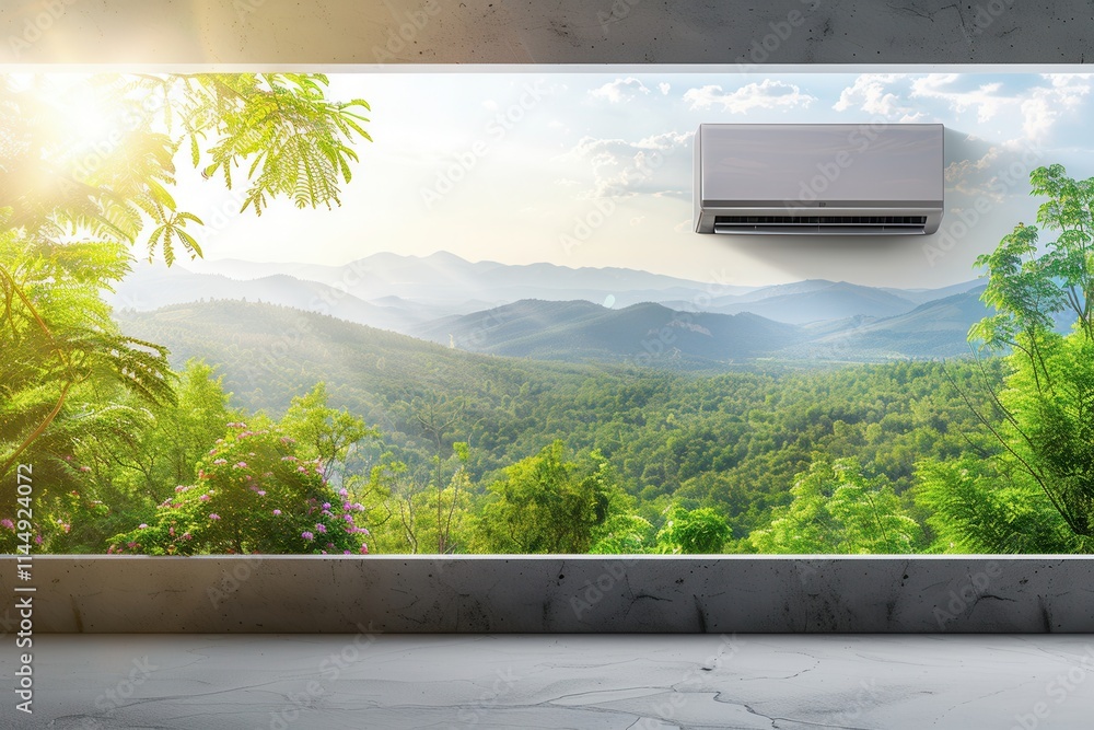 Fototapete Air conditioner mounted above an open window with a scenic view of mountains and greenery during daylight. Generative AI