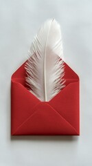 A white feather in a red envelope. Chinese New Year themed composition with white background.