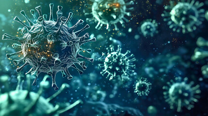 Obraz premium Various viruses in their particle form, traveling along their path. Different types and sizes of viruses observed under a microscope, with an enlarged view of the viruses.