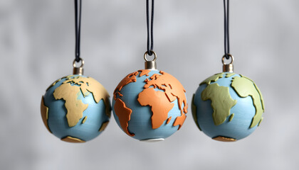 Three pendant Earth globes arranged in a row against a blurred gray background. Clear continent outlines and reflective surface, craft clay, with white tones