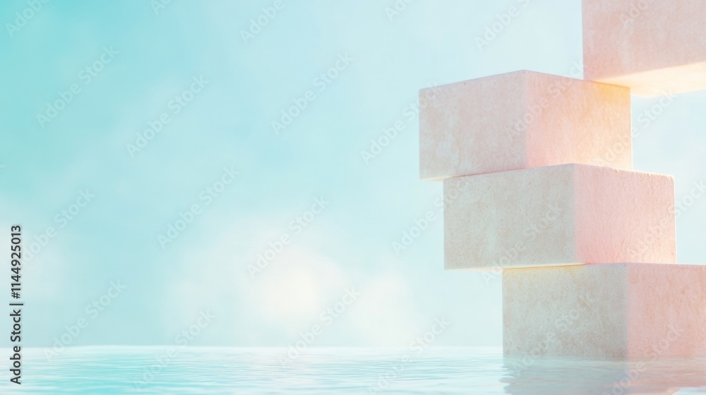 Poster pastel geometric shapes floating above water in abstract minimalist design