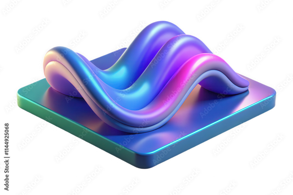 Poster Colorful 3D wavy sculpture displayed on a sleek base in a modern art setting