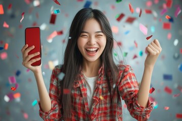 Happy Asian woman holding a smartphone and winning the prize, Generative AI