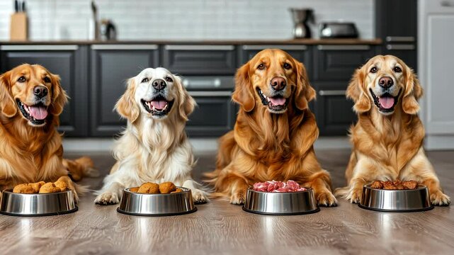 Dogs sitting on the floor with dog bowls filled with meals.
