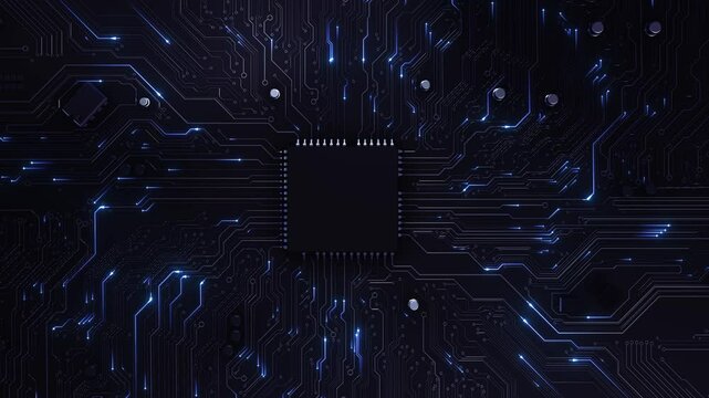 Electronic board Digital Data moving Computer AI chip CPU Circuit Board Artificial intelligence AI, data mining backgrounds. modern Computer Processing data. Motherboard digital chip High tech surface