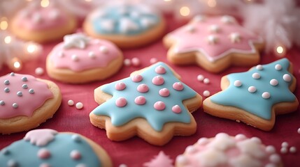 A variety of holiday-themed cookies displayed with icing and colorful decorations on a red tablecloth