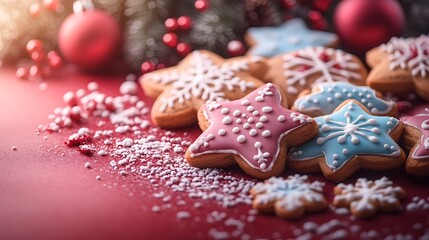 A collection of sugar and gingerbread cookies with festive decorations on a red background