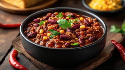 Delicious chili stew with beans, corn, and spices in a black bowl
