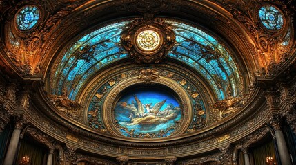 Fototapeta premium Ornate ceiling with intricate designs and artwork.