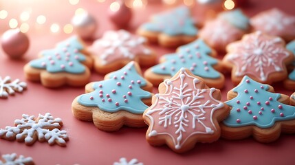 A display of holiday cookies with intricate snowflake and tree shapes against a red backdrop