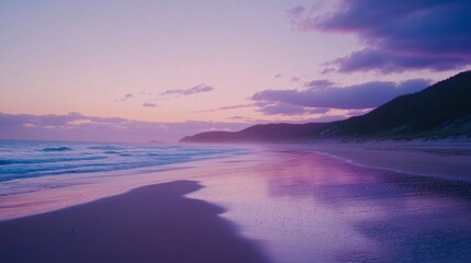 Naklejka premium Serene Beach Landscape at Dusk with Soft Waves and Gentle Mist over Purple and Pink Sky, Capturing the Tranquility of Nature's Evening Beauty