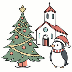 Christmas tree, gift, and a penguin vector design on a white background