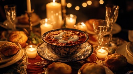 Fototapeta premium Cozy Dinner Table Setting with Chili, Candles, and Breads at Night