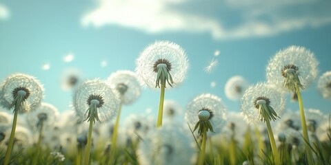 Obraz premium Dandelion Field Against Blue Sky