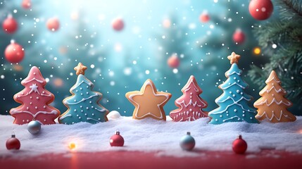 A collection of freshly baked holiday cookies shaped like stars and trees with icing on a red backdrop