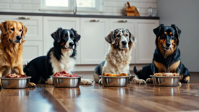 Dogs sitting on the floor with dog bowls filled with meals.