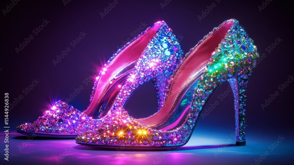 Poster sparkling high heels with colorful gems on glowing background