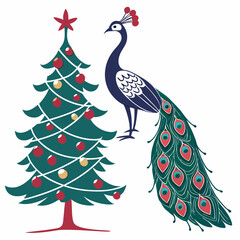 Fototapeta premium Christmas tree, gift, and a peacock vector design on a white background 