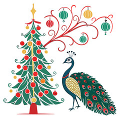 Fototapeta premium Christmas tree with a peacock vector design on a white background 