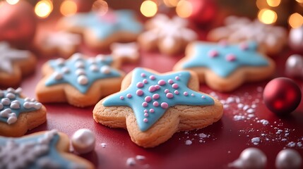 A variety of Christmas cookies shaped like holly leaves and stars with colorful icing on a red surface