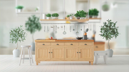 Fototapeta premium Minimalist wooden kitchen island with cutting board and copy space in minimalist scandinavian kitchen. 3d render,