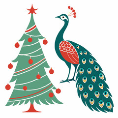 peacock with feathers and Christmas tree cartoon character vector art for Christmas Day on a white background