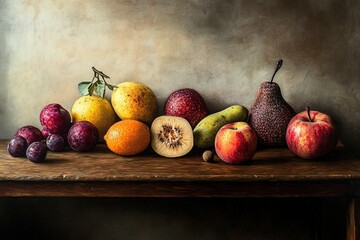 still life oil painting of fruit on wooden table with rich textures and warm tones