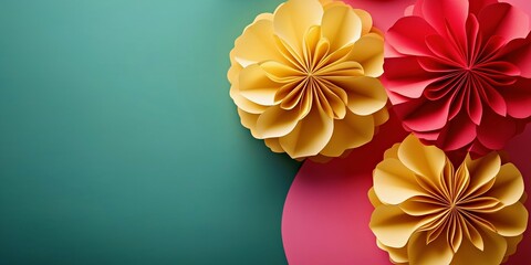 Naklejka premium Vibrant paper craft flowers in yellow and red on a colorful teal and pink background