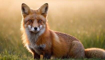 Fototapeta premium A stunning fox resting in the middle of a glowing meadow at sunset, surrounded by warm golden hues and a tranquil rural landscape